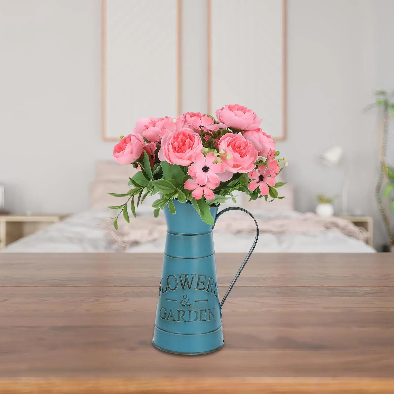 Retro Kettle Vase Blue Small Decorative Iron Pitcher for Home Office Balcony Flower Arrangement Gardening AccessoriesVintage
