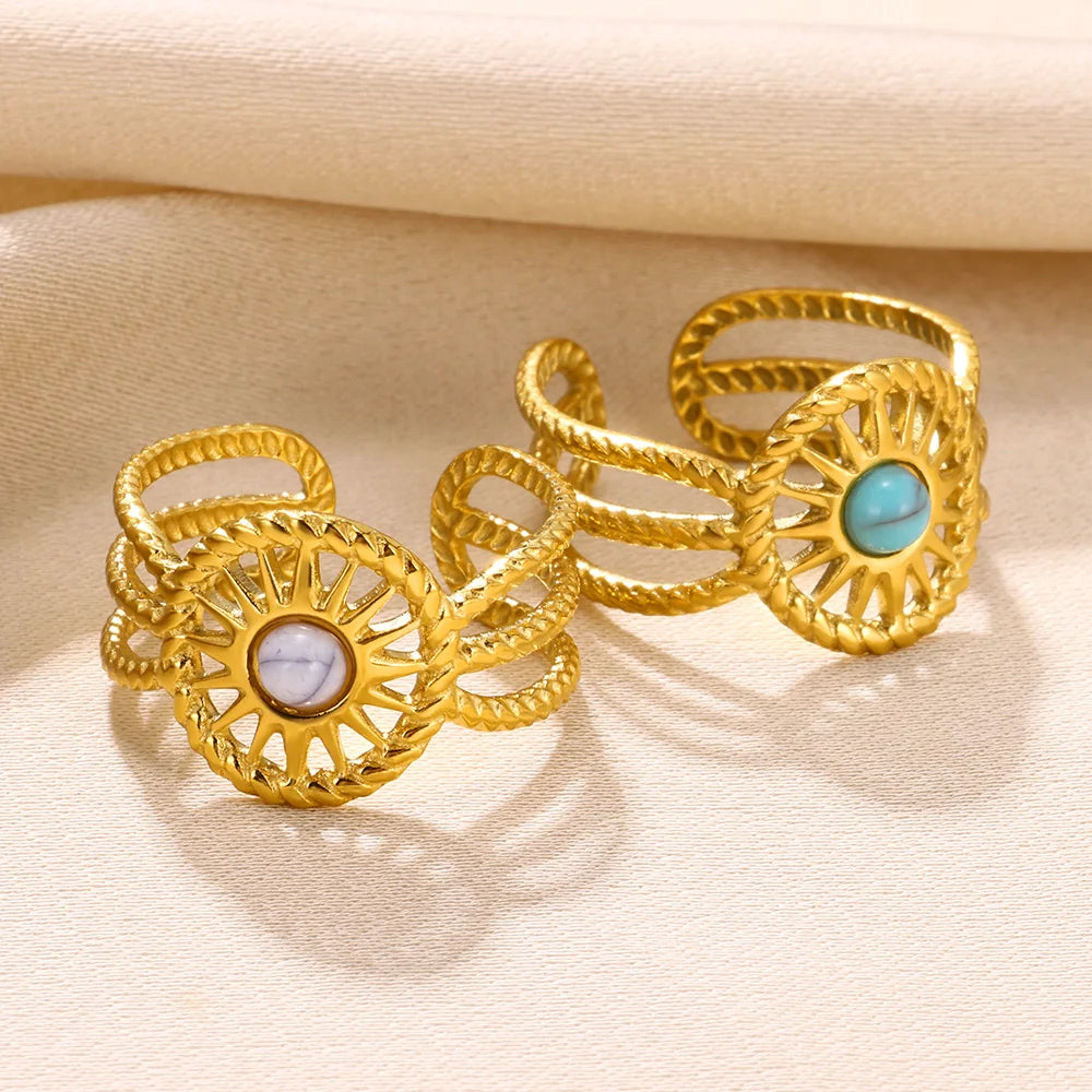 Round Sun Natural Stone Hollow Rings For Women Trendy Aesthetic Classic Gold Color Ring Vintage Stainless Steel Jewelry Gift New