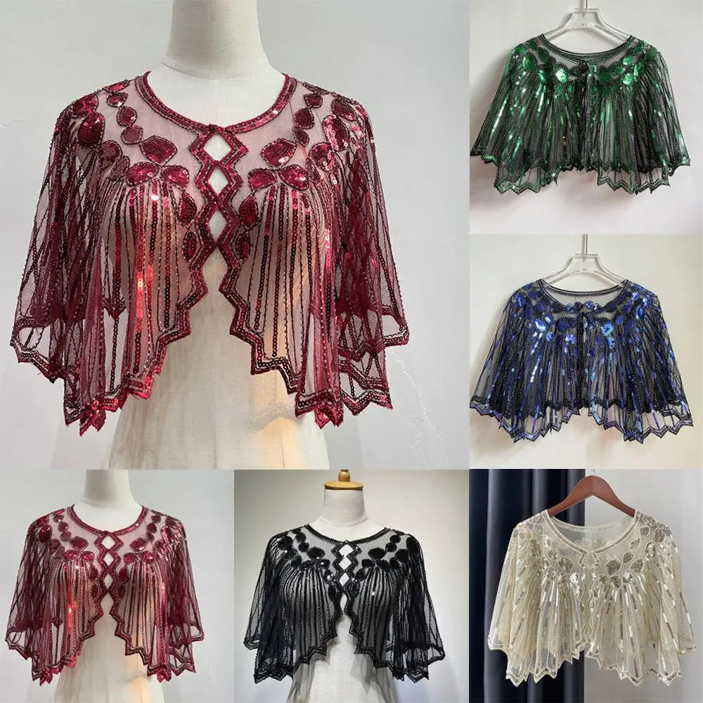 Women's 1920s Shawl Wedding Party Shawl Beaded Sequin Deco Evening Cape Flapper Cover Up Gatsby