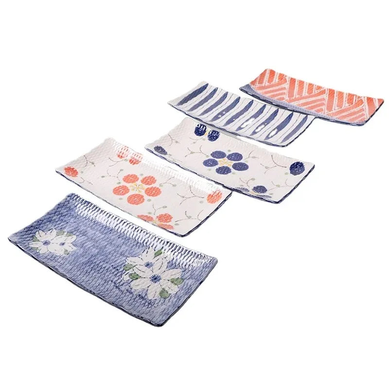 Plate Japanese Ceramic Tableware High Temperature Underglaze Color Hand-painted Tableware New Chinese Creative Rectangular
