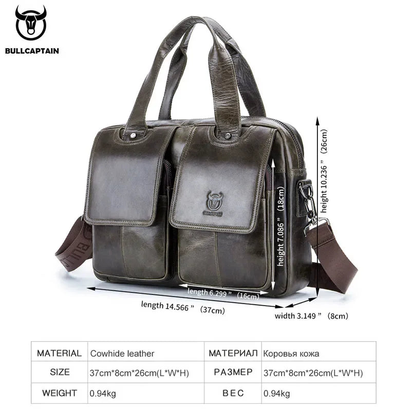 BULLCAPTAIN Men's Real Leather Briefcase 14 Inch Laptop Sleeve ,Casual Shoulder Messenger Bag, Tote, Work, Office, 042