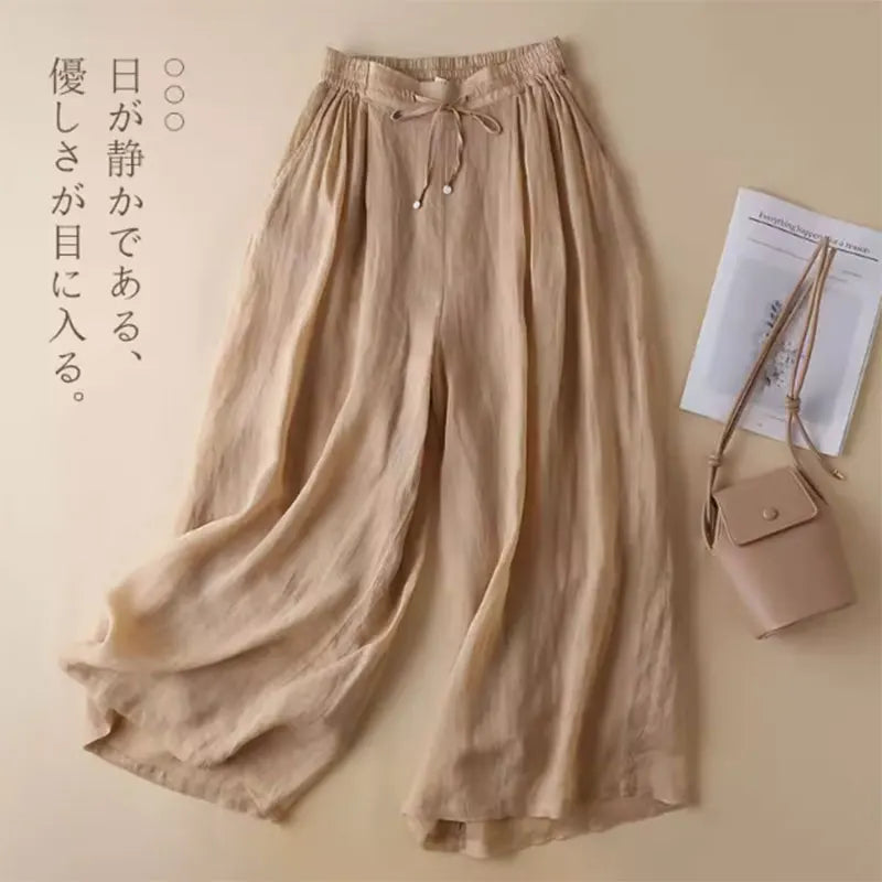 Khaki Linen Solid Casual Lace Up Elastic High Waist Loose Wide Leg Women's Pants Ankle-Length Pants For Women Clothing 2024