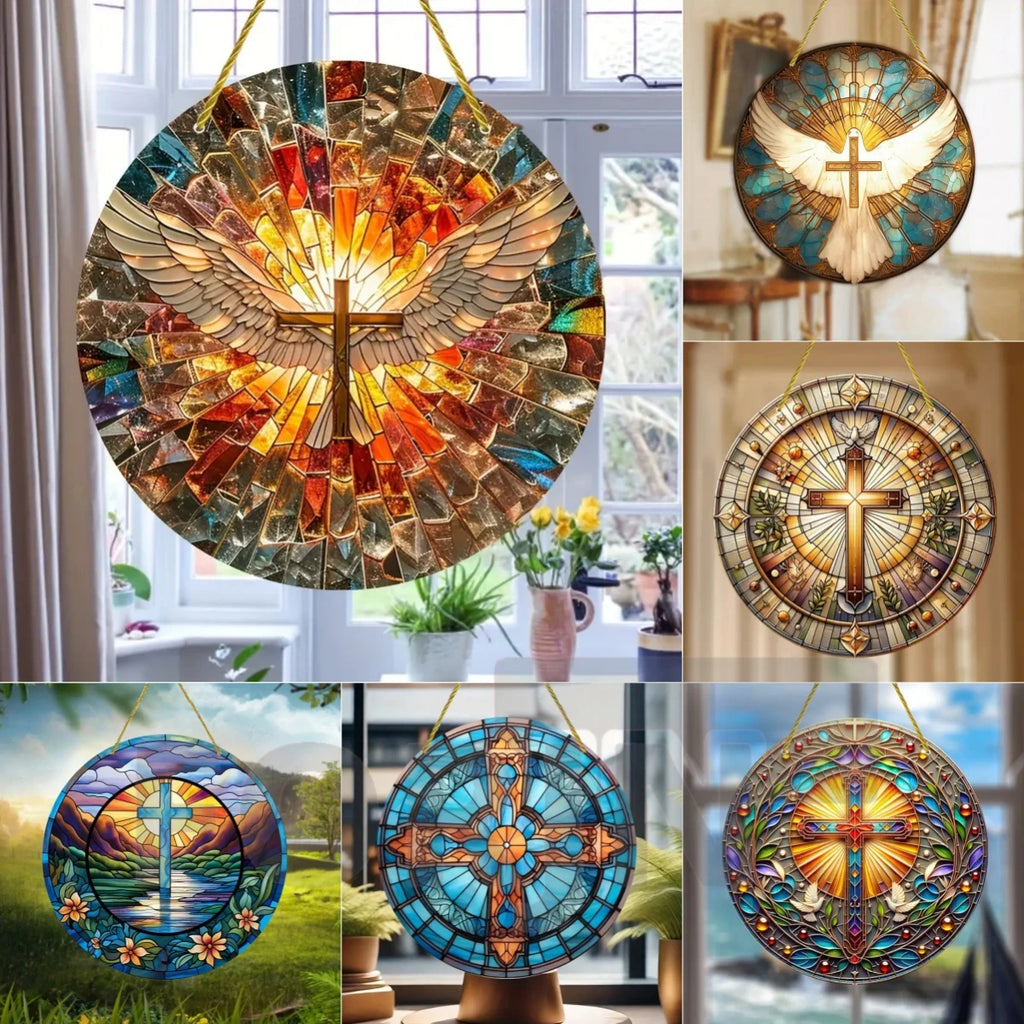 Cross Sun Catcher Acrylic Round Sign,Faux 3D Christianity Religious Pendant Plate,Home,Garden,Room,church,Holy Week&Easter Decor