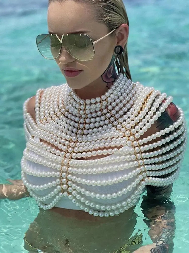 Fashion Pearl Shawl Tops Women 2025 O-neck Handmade Beading Shawl Top Ladies Party Female Elegant Shawl Tops