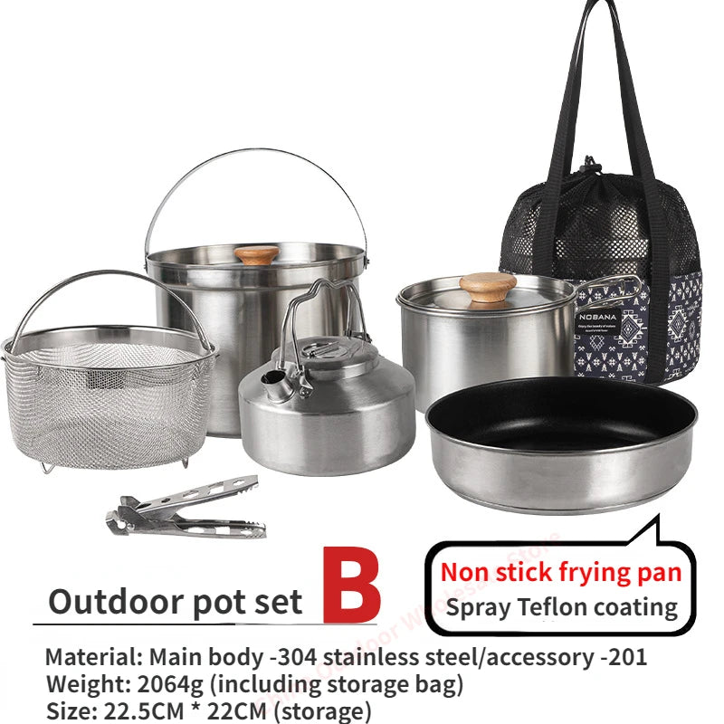 NOBANA Newest Outdoor Stainless Steel Pot Set Camping Family Pot Set 5L Portable Picnic Soup Pot Frying Steaming Household Pot