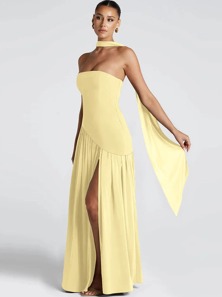 kliou Patchwork Draped Women Dress Classic Solid Wrapped Chest Draped Flare Long Robe Mujer Concise High Street Elegant Frock