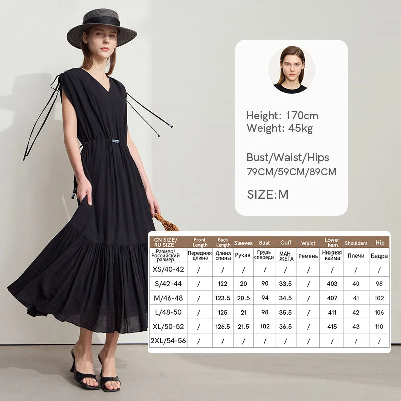 Amii Women's Dress Minimalist Summer New Loose Long Style Sleeveless V-Neck Ruffled Hem Drawstring Raglan Sleeve Dress 12542117