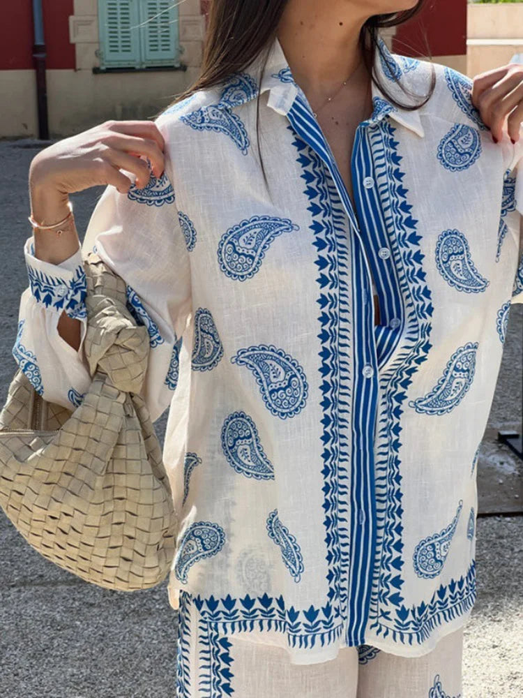 Loungewear Printing Two Pieces Sets, Women Spring Summer Cardigan Top Wide Leg Pants Outfit, Loose Turn-Down Collar Ladies Suits