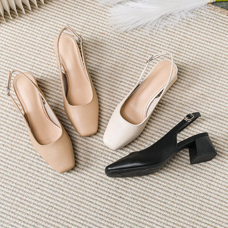 shoes suqare toe leather sandals women thick high heels summer shoes back strap green  big size 43