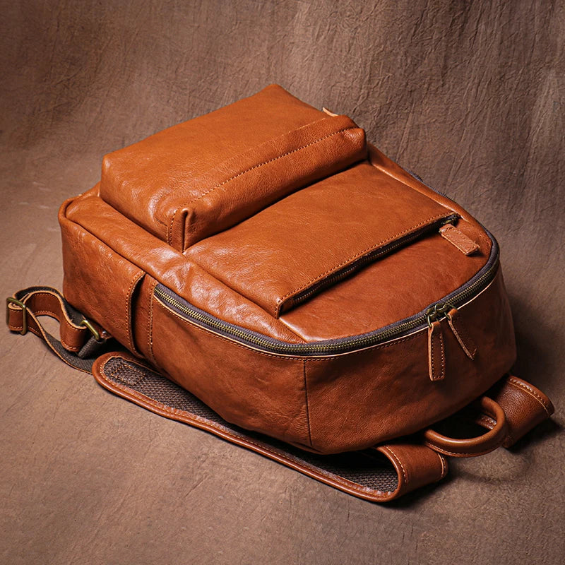 LUOKIR Men's Vintage Genuine Leather Travel Backpack Women's Cowhide College Style School Bag Computer Bags For 15 Inch Laptop