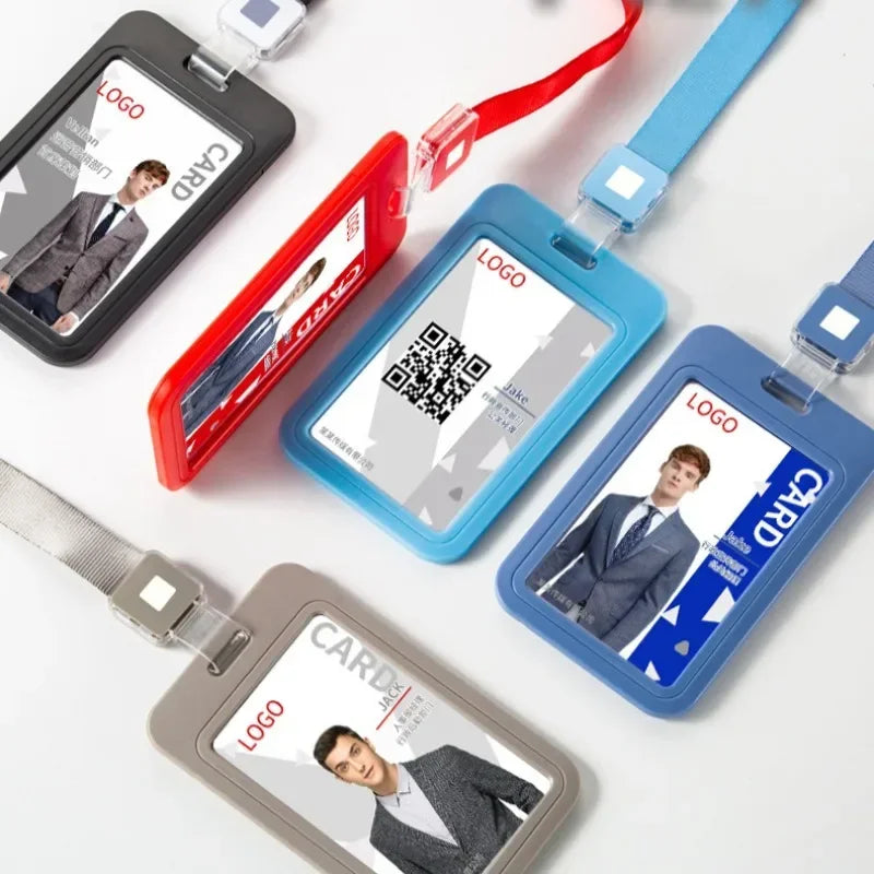 Cards Slots Double-sided Staff Work Card Cover Pass Access Card Holder Name Badge Holder ID Tag Bus Card Sleeve with Lanyard