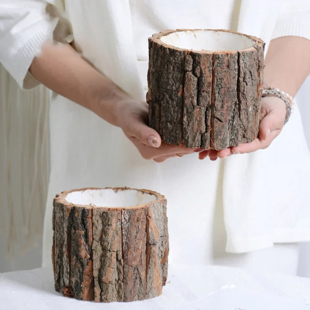 Wooden Plant Pot Vintage Round Table Decorative Style Wooden Flowerpot Fake Tree Bark Succulent Plants Creative Container