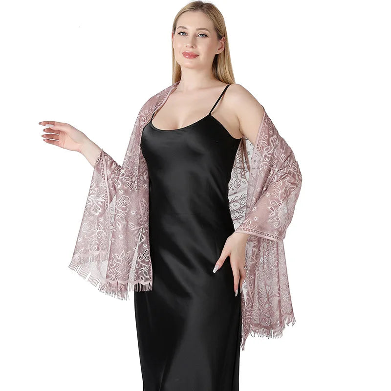 Pure Color Floral Mesh Lace Shawls for Women Evening Dresses Shawl Bridal Bridesmaid Wedding Boleros Lady Party Capes Wraps