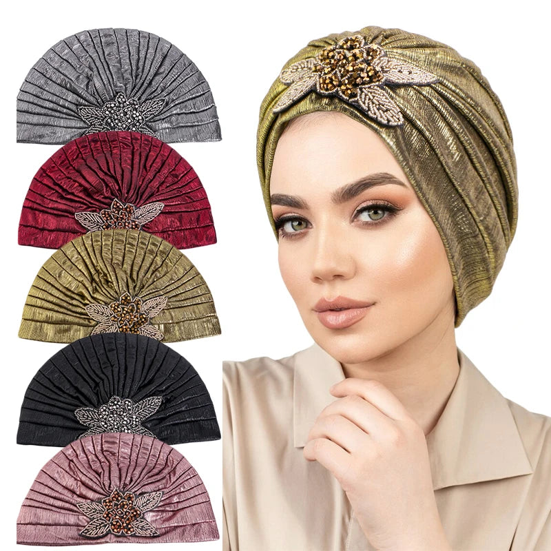 New Metallic Jewelry Turban Caps Elegant Pleated Head Band For Women Hijab Scarf Bonnet Islamic Wrap Beanies Head Scarves