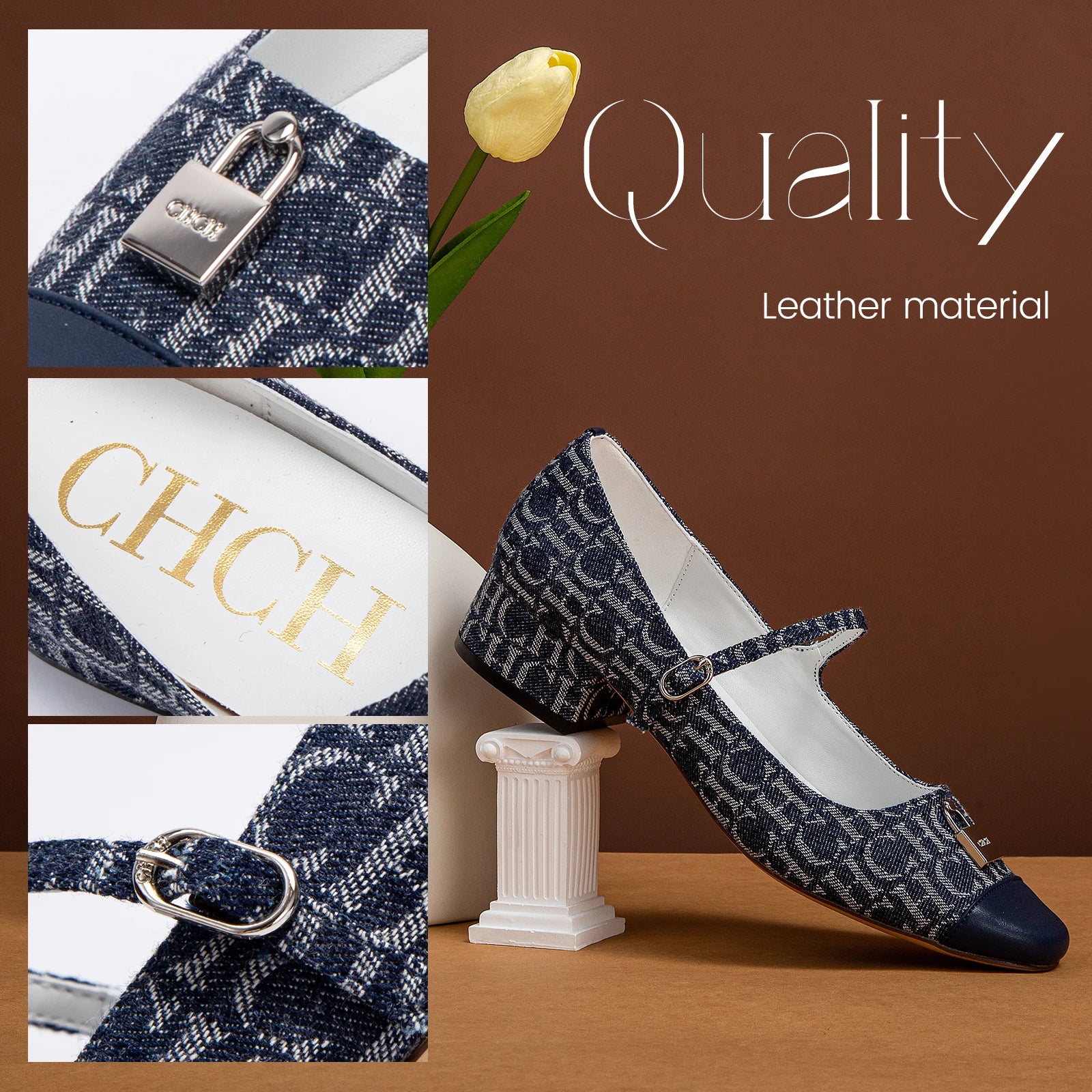 Women Casual Shoes Middle High Heels Spring Summer Leather Sandals Printed Metal Decoration Casual Leather Shoes