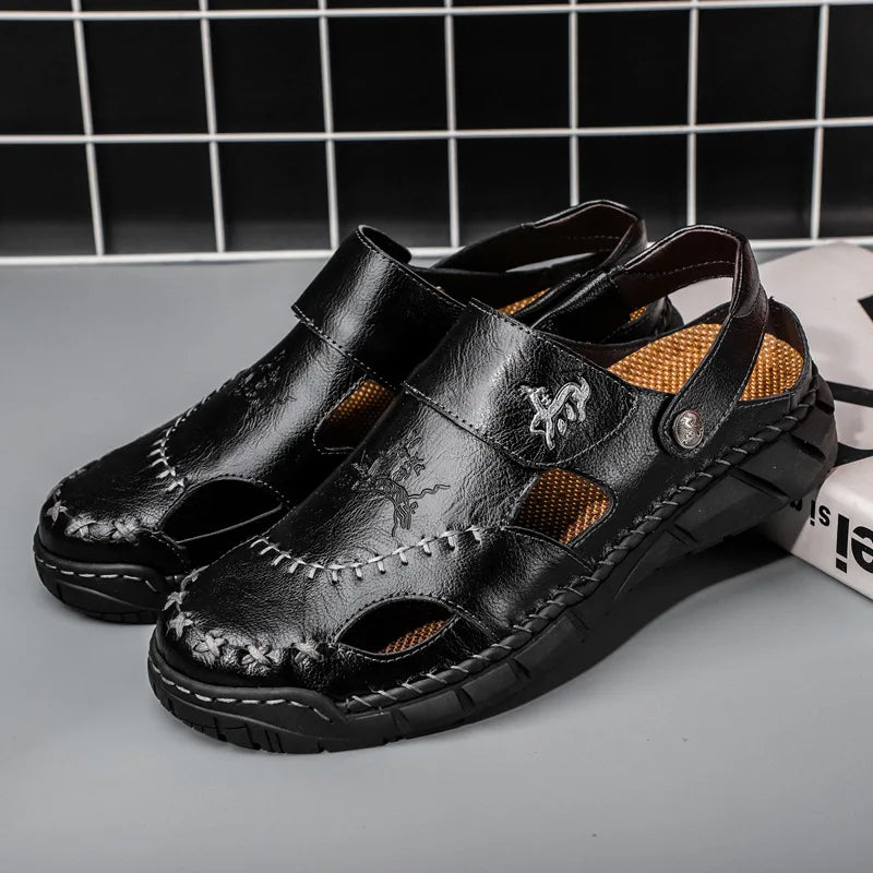 High quality leather flat sandals for men round toes new summer 2025 size 49 50 casual outdoor walking big size shoe black brown