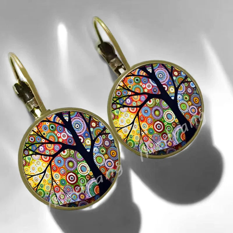 2024 Natural Scenery Earrings beautiful village Women Stud Earring  Abstract Oil Painting House Glass Cabochon Earrings  jewelry