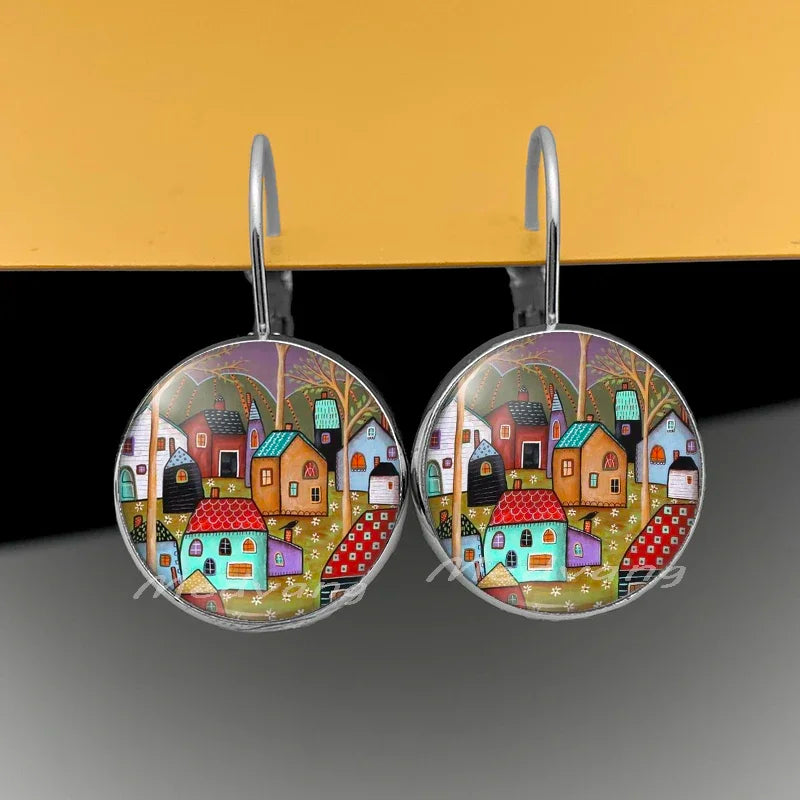 2024 Natural Scenery Earrings beautiful village Women Stud Earring  Abstract Oil Painting House Glass Cabochon Earrings  jewelry