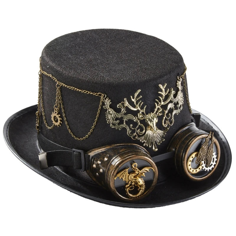 Gothic Headwear Steampunk Hat Victorian Top Hat Magic Hat Deer for Head Gears Goggles Chain Top Hat for Dress Up Costume
