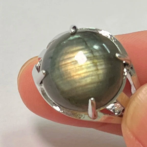 Ring Natural Stone Round Bead Blue Labradorite Adjustable Finger