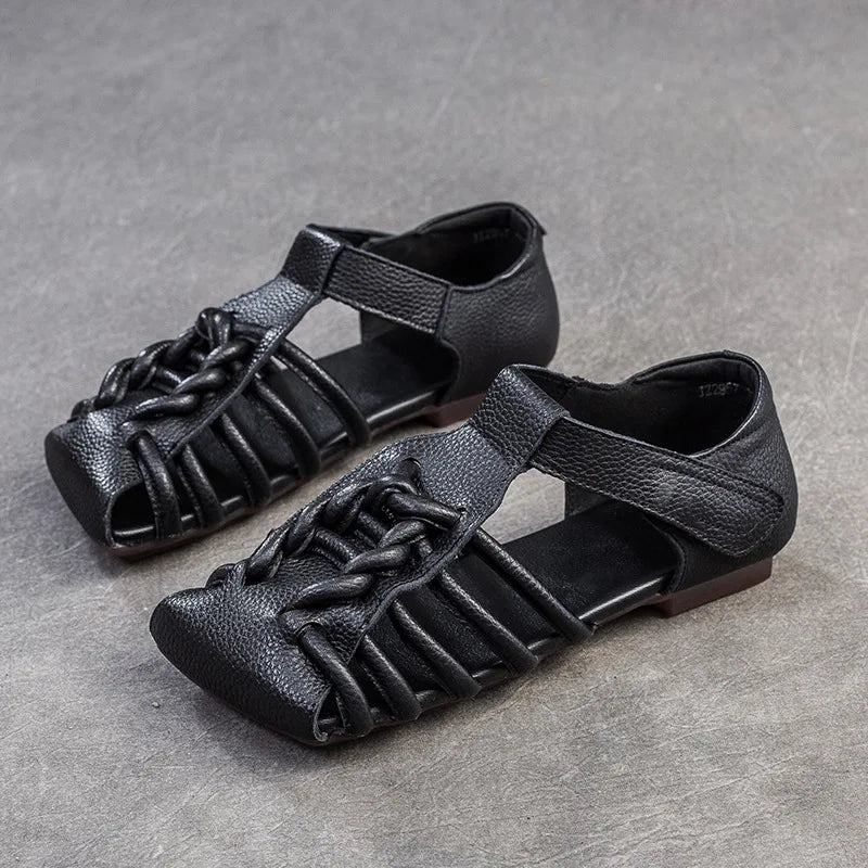 Genuine Leather Sandals Women Handmade Woven Literary Style Hollow Flat Roman Sandals Ladies Summer Shoes Sandalias