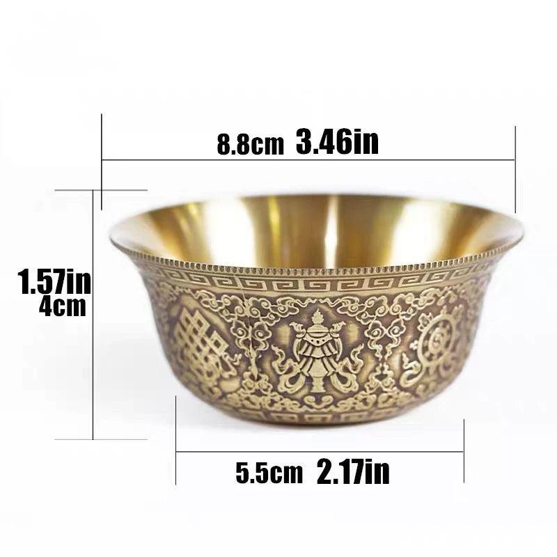 Relief Pure Copper Drinking Bowl Pure Brass Carved Auspicious Tibetan Holy Water Cup Golden Buddhist Bowl Home's Gift Decorative