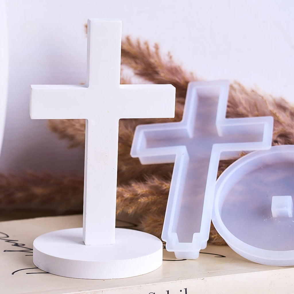Church Cross Silicone Mold DIY Gypsum Concrete Pouring Table Ornaments Resin Mold 3D Cross Christian Sign with Base Crafts Gifts