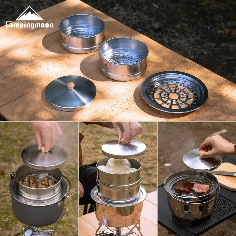 Campingmoon S363-2S Outdoor Cookware Set Stackable Camping Light Weight Causal Stainless Steel Food Steamer for Camping