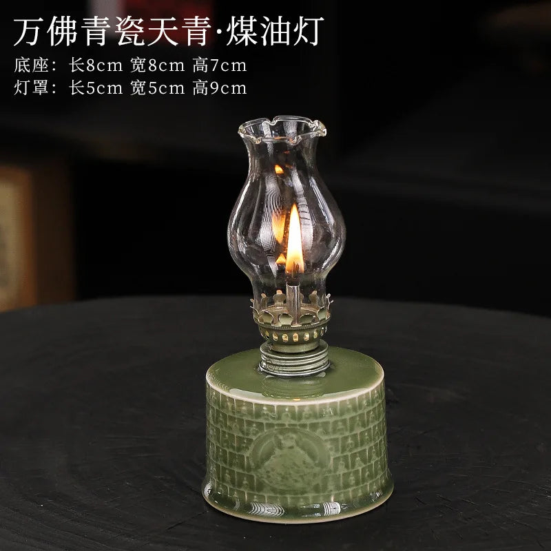 Vintage ceramic oil lamp, old desktop nostalgic butter lamp, home lighting atmosphere decoration ornaments, photography props