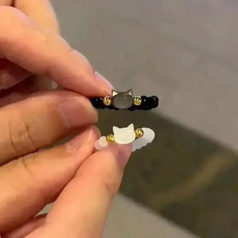 2pcs Natural Moonstone Obsidian Rings Beads Minimalist Fidget Ring Cute Black White Cat Ring Women Men Party Accessories Jewelry