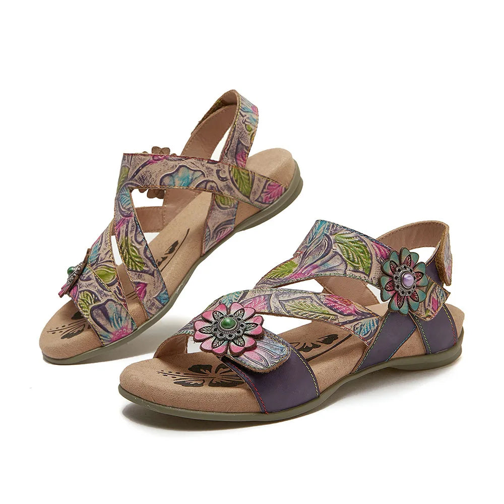 Johnature Bohemian Vintage Printed Genuine Leather Sandals Summer 2025 New Versatile Lightweight Women's Shoes