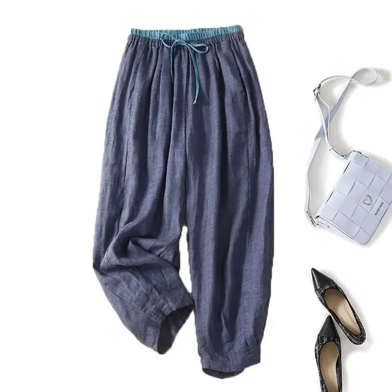 Cotton Linen Casual Elastic High Waist Lace Up Loose Women's Pants Wide Leg Ankle-Length Pants For Women Clothing Fashion 2024