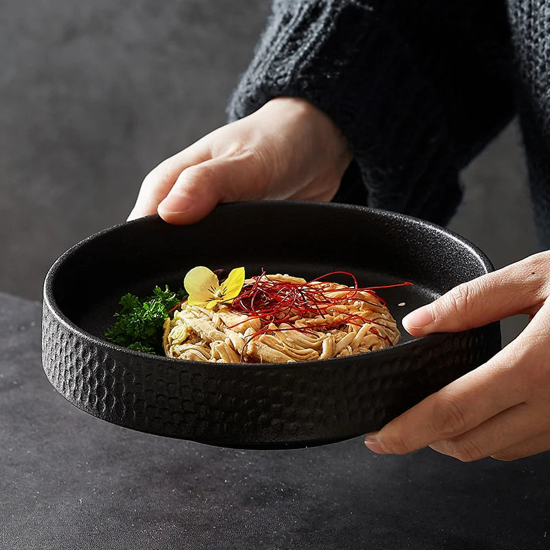 Anti-scratch Ceramic Salad Deep Plate Retro Rice Bowl Hammer Pattern Shallow Mouth Pasta Plate Western Restaurant Tableware