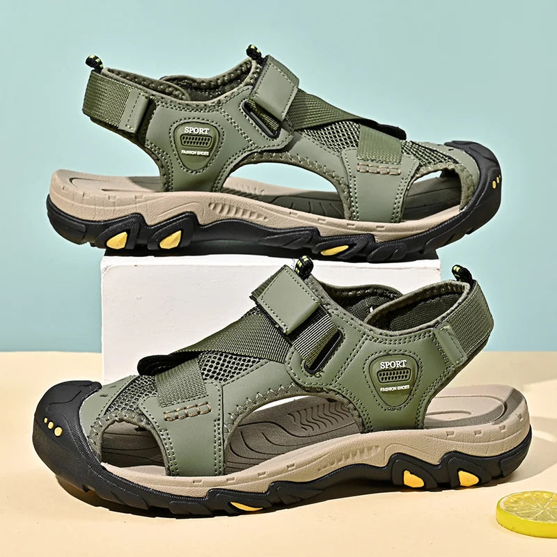 Men's Leather Sandals Durable Non-Slip for Hiking Summer Casual Outdoor Footwear Breathable Mesh Lining Sport Beach Shoes Males