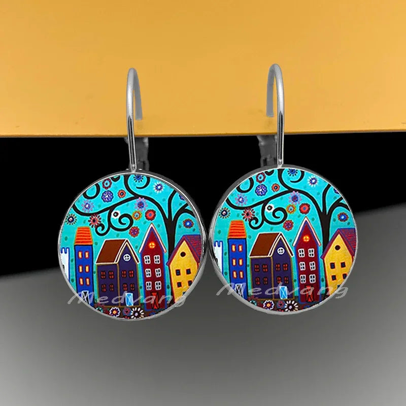 2024 Natural Scenery Earrings beautiful village Women Stud Earring  Abstract Oil Painting House Glass Cabochon Earrings  jewelry