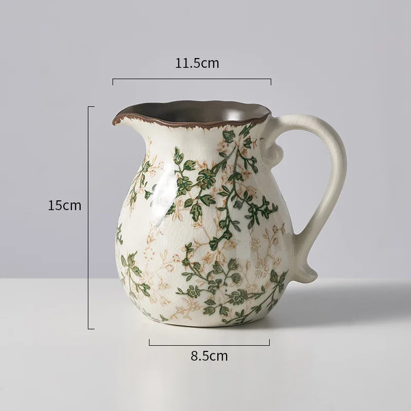 Rustic Country Ice Cracked Milk Pitcher Ceramic Vase Pastoral Scenery Ornament for Flower Arrangement Vintage Decorative Home