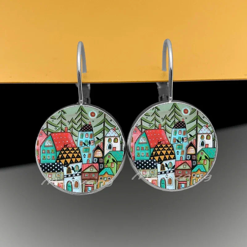2024 Natural Scenery Earrings beautiful village Women Stud Earring  Abstract Oil Painting House Glass Cabochon Earrings  jewelry