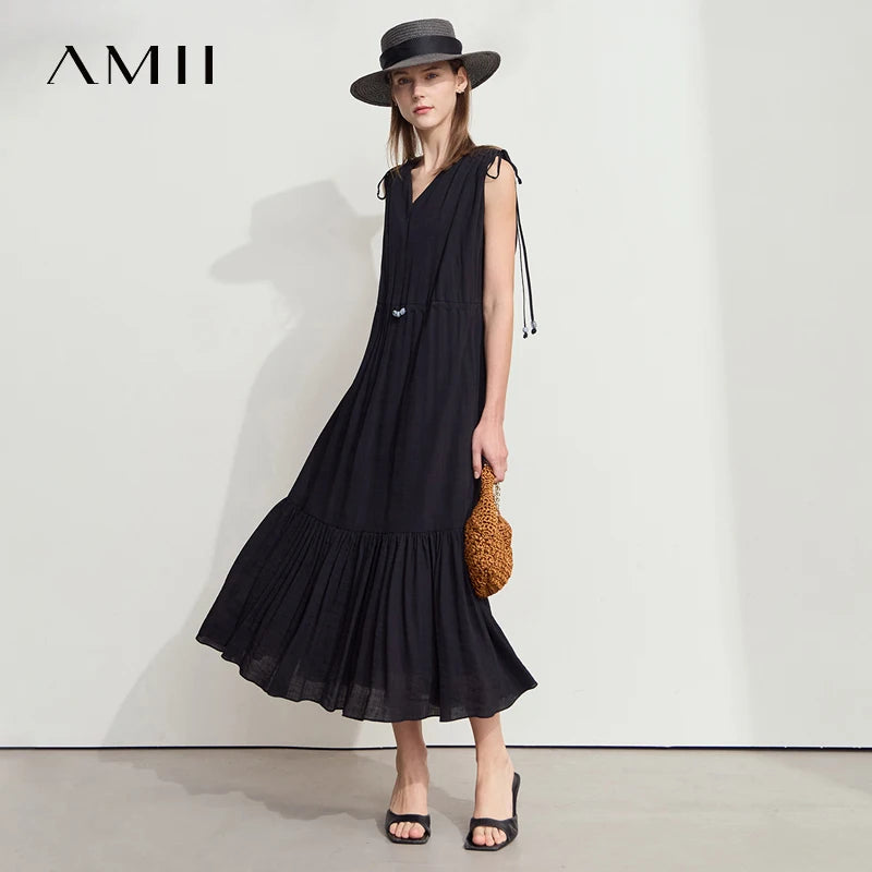 Amii Women's Dress Minimalist Summer New Loose Long Style Sleeveless V-Neck Ruffled Hem Drawstring Raglan Sleeve Dress 12542117