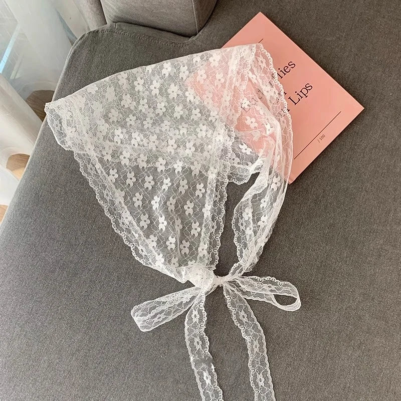 Elegant Lace Floral Hair Scarf Women Triangle Headscarf Korean Lace Up Neck Scarf Lace Flower Sunscreen Travel Photo Headband