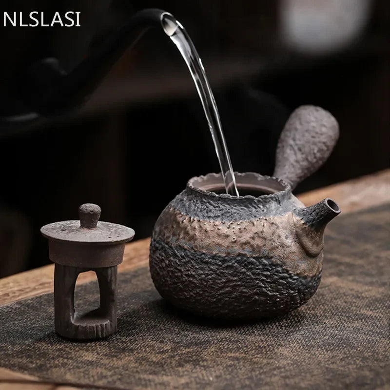 Japanese Rough Pottery Stone Pattern Pot Side Handle Handmade Teapot Retro Ceramic Tea Set Pu'er Tea Maker Portable Tea Pot