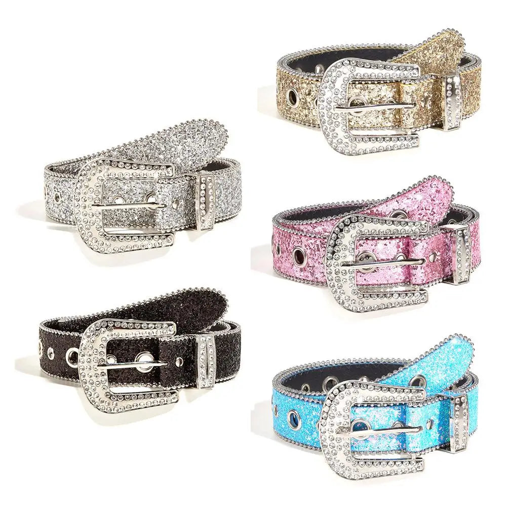 Skull Rivet Rhinestone Bb Belts Trendy Solid Color Sparkling PU Leather Belt Cowboy Cowgirl Jeans Pants Belt For Women Girls