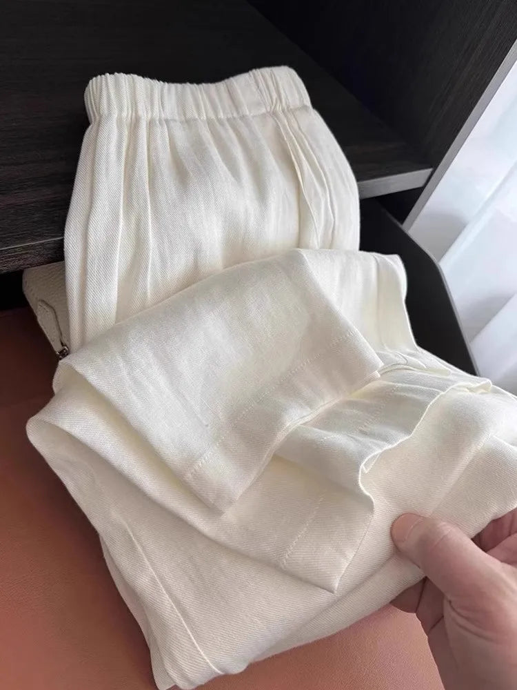 2025 White Cotton and Linen Wide-leg Pants Women's Summer Thin Loose Lazy Drape High-waisted Straight Pants Casual Pants
