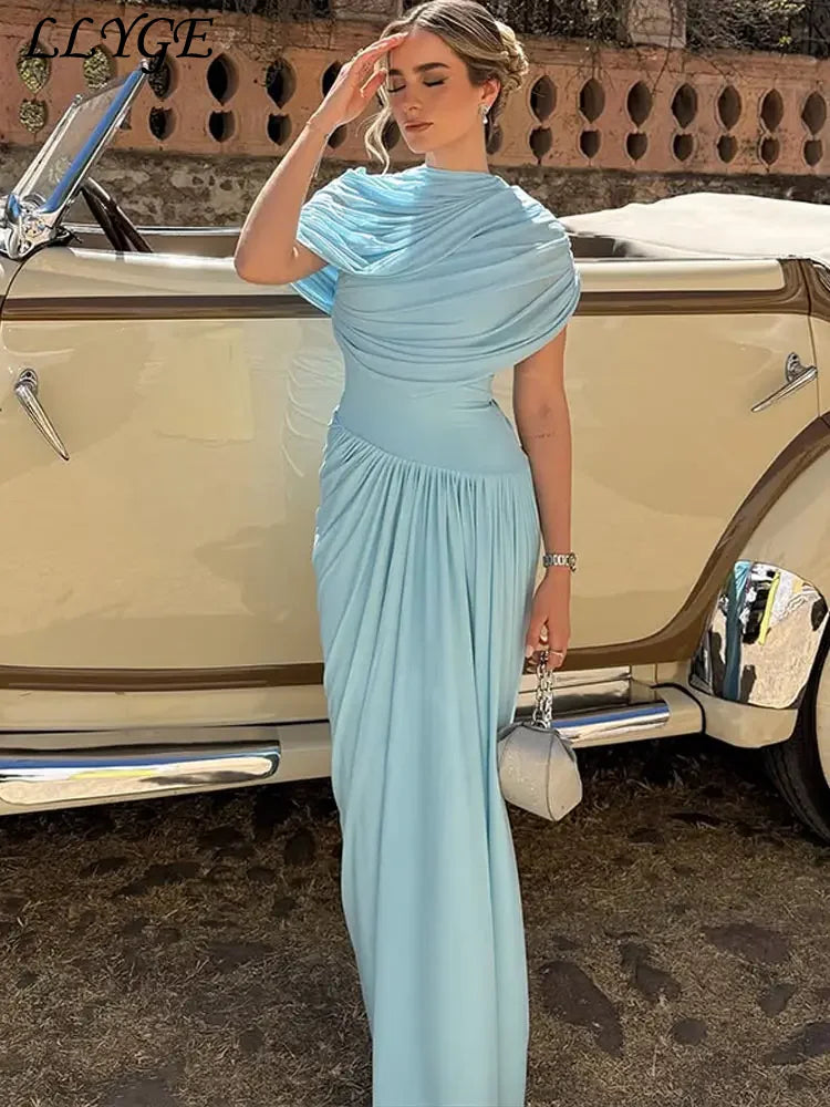 Elegant Shawl Long Party Dress Women Blue Asymmetric High Waist Pleated Female Beach Dresses 2025 Spring Summer Evening Gowns