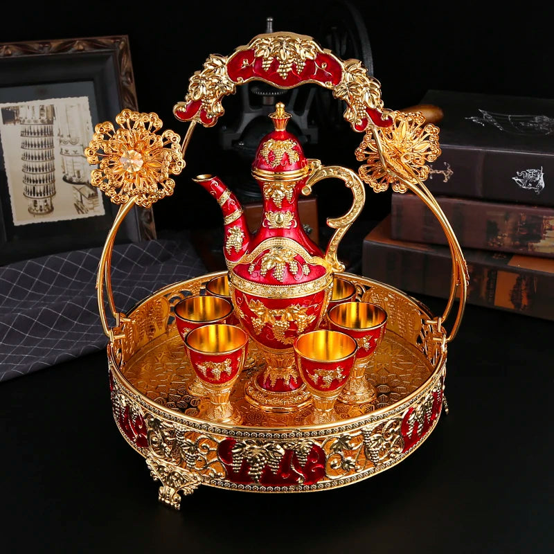 1 metal rose embossed wine set, 1 wine pot and 6 wine glasses and 1 basket, suitable for festivals, parties, banquet crafts.