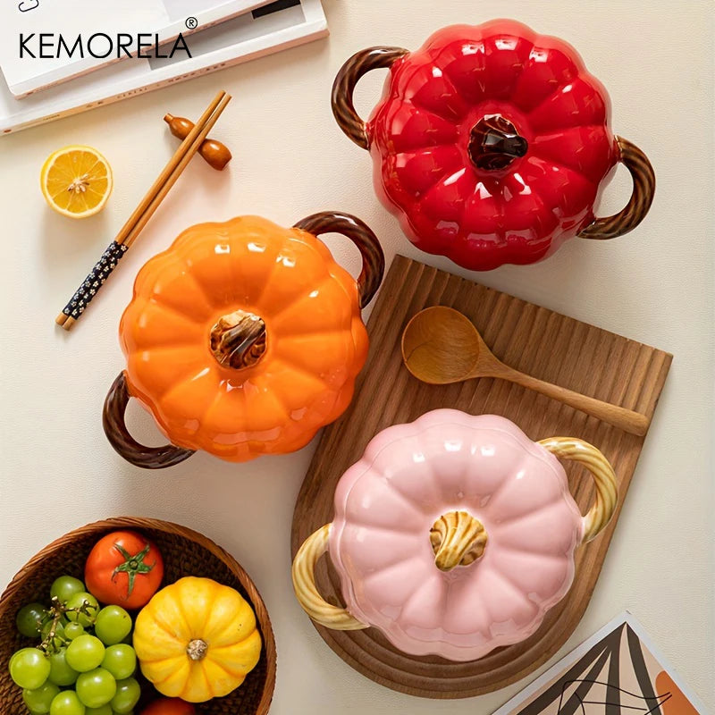 50OZ Dutch Oven Pot With Lid Ceramic Pumpkin Dish Halloween Pumpkin Pottery Dessert Saucepan No Open Flames Cute Pumpkin Bowl