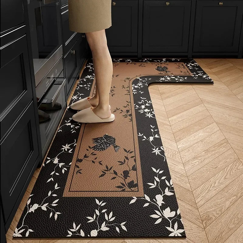 Kitchen Carpet L-shape Rug Brown Retro Waterproof Dirt-resistant Floor Mat Light Luxury Floral Anti-Slip Foot Mats Ковер Tapis