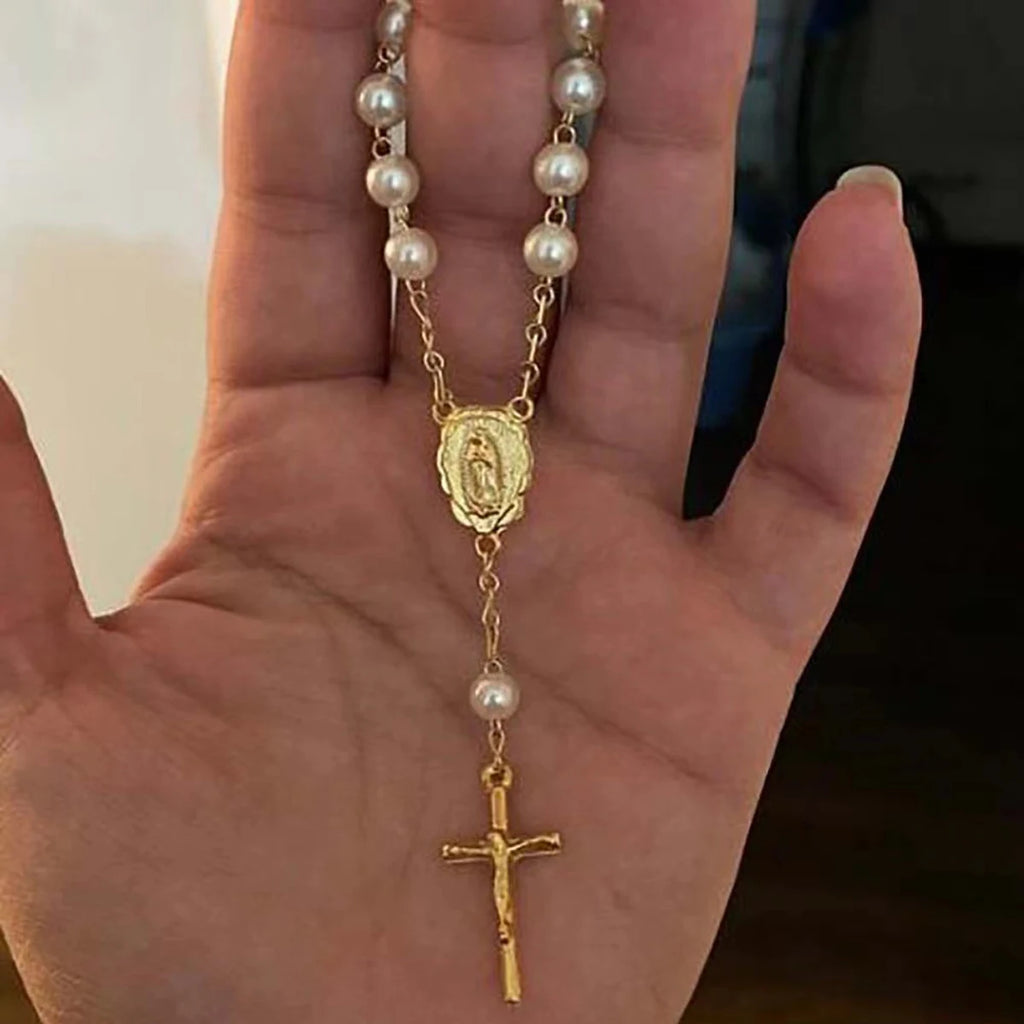 1Pcs Baby 6mm Glass Pearl Rosary Bracelet Eucharist Gift Cross Finger Chain Religion Mini Rosary Bracelet Pray