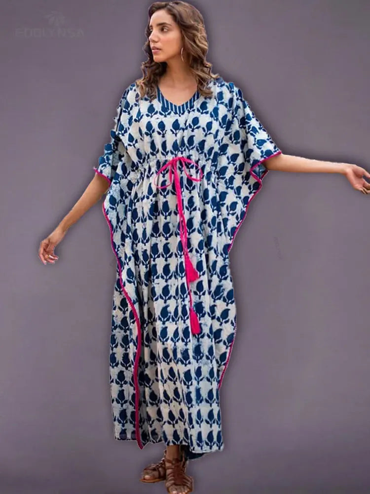 2025 Quick-drying Bohemian Printed Loose Summer Beach Dress Moroccan Kaftan Women Plus Size Beachwear Tassel Midi Dress Q897