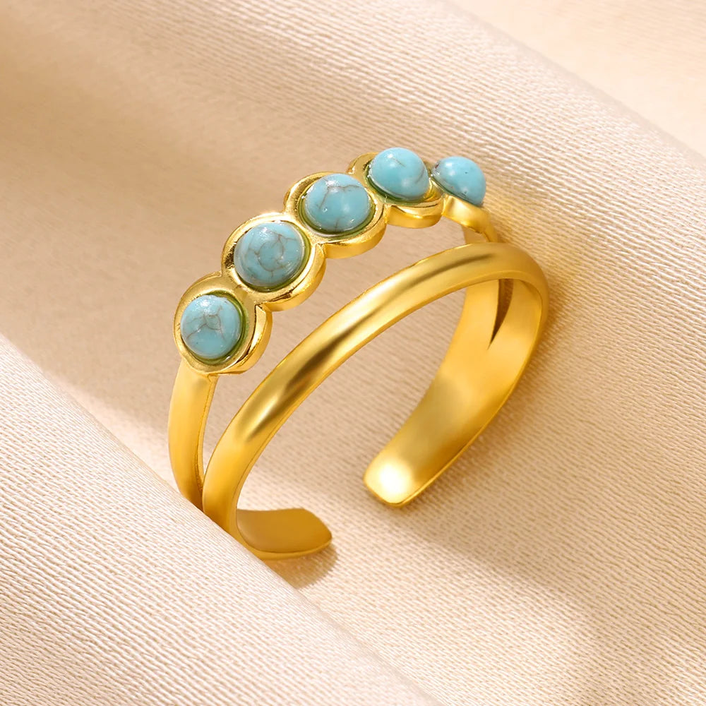 Stainless Steel Double Wide Rings For Women Trendy Aesthetic Gold Color Ring Vintage Natural Stone Hollow Jewelry Gift New In