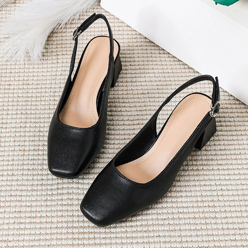 shoes suqare toe leather sandals women thick high heels summer shoes back strap green  big size 43